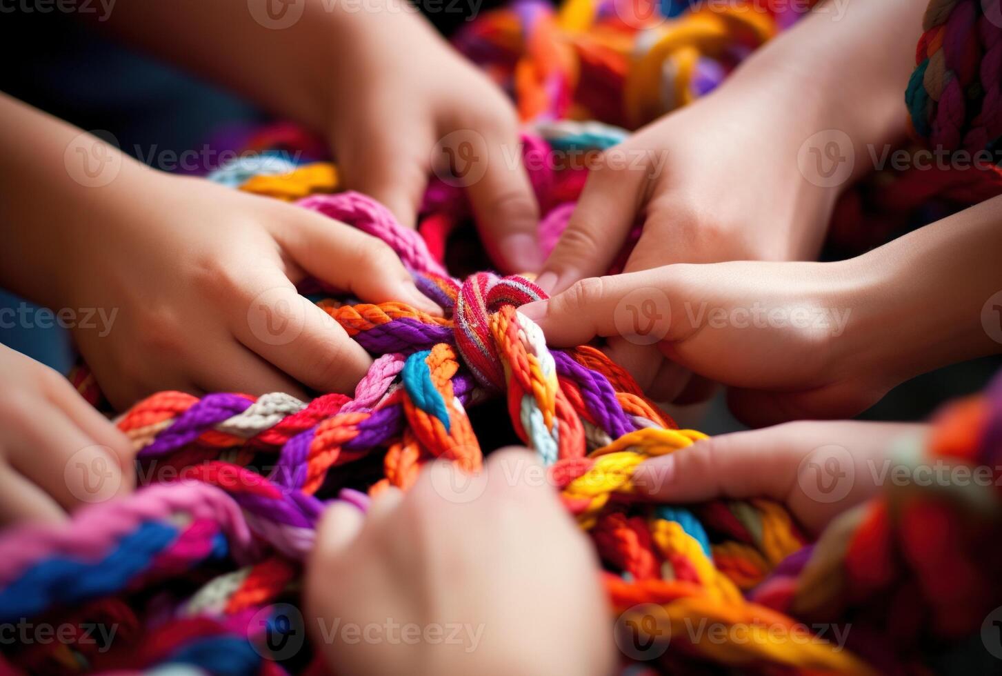 Generative AI, peoples hands working together to untangle a knotted rope. Business teamwork. photo