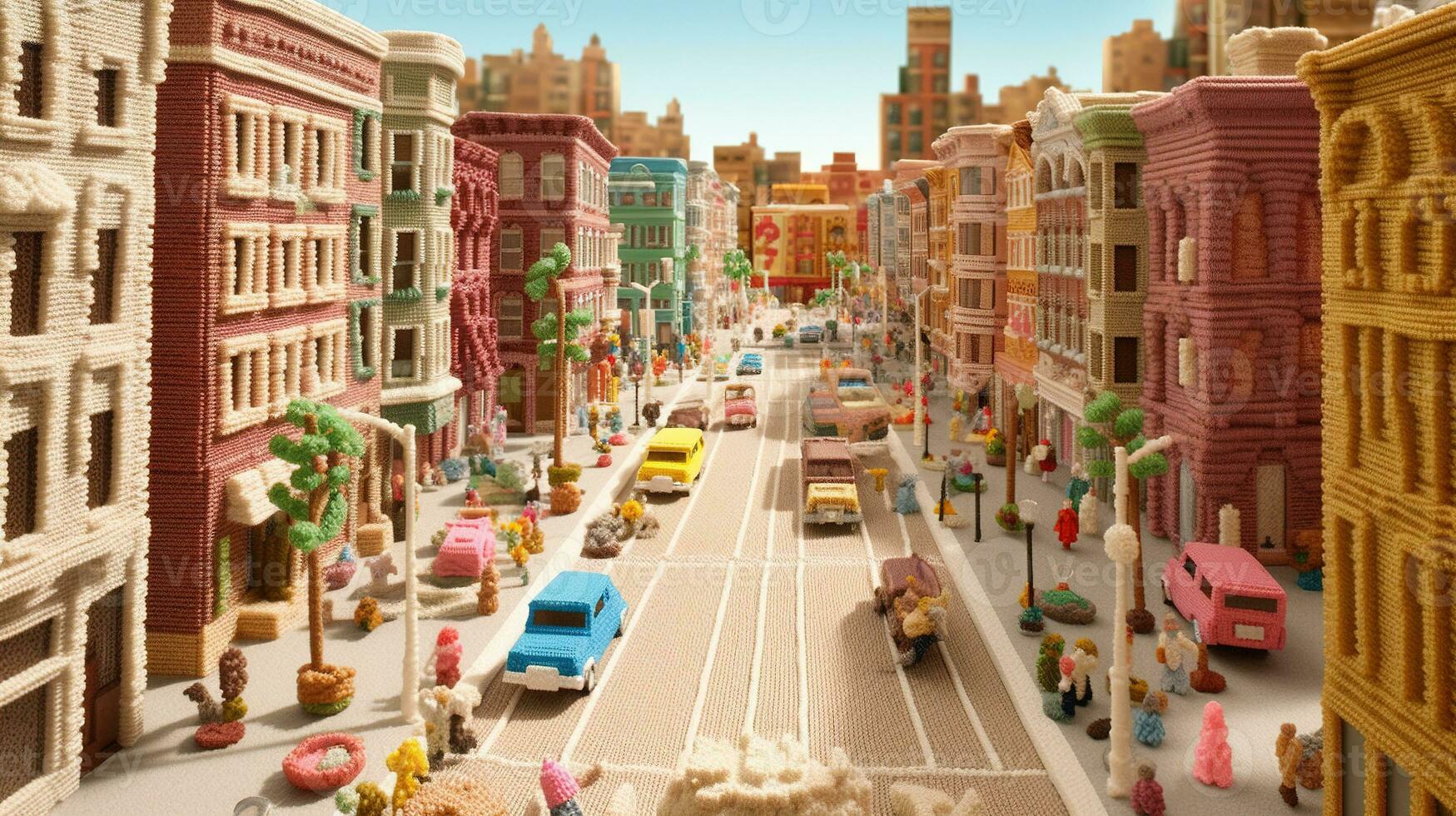 Generative AI, cute street made of crochet, houses, trees, road, cars. Soft colors, dreamy scene cityscape made of crochet materials, wool, fabric, yarn, sewing for background photo