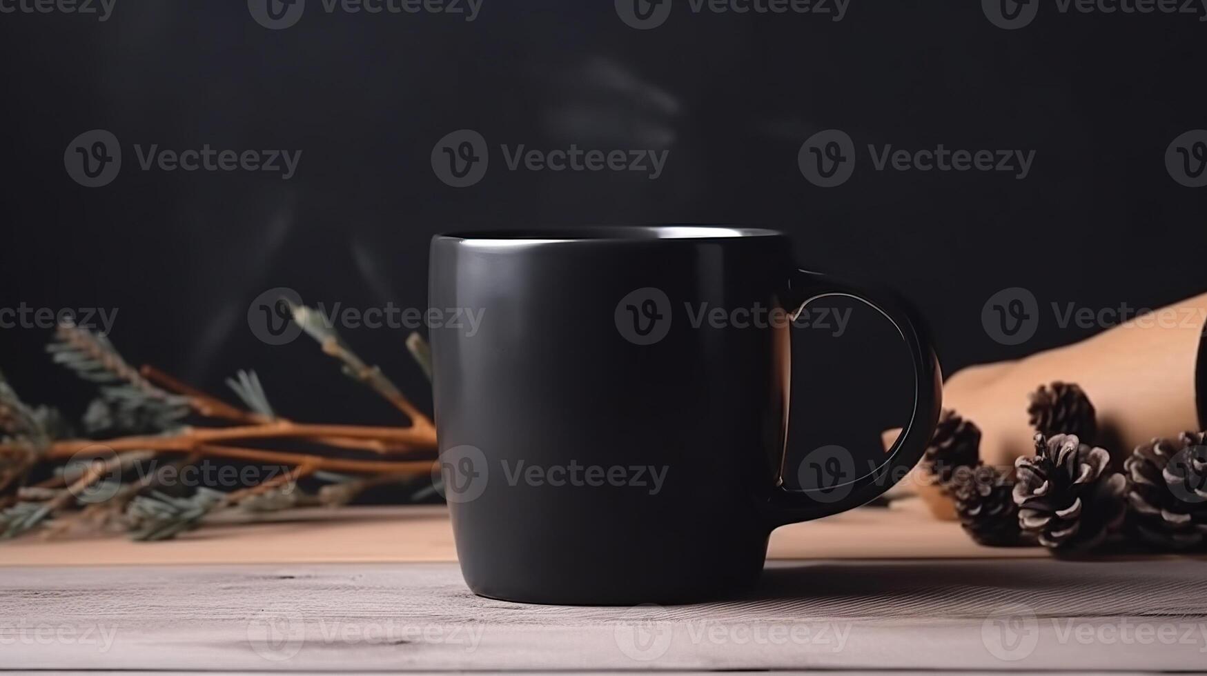 , Black ceramic cup set-up in at home interior, mug mock up blank. photo