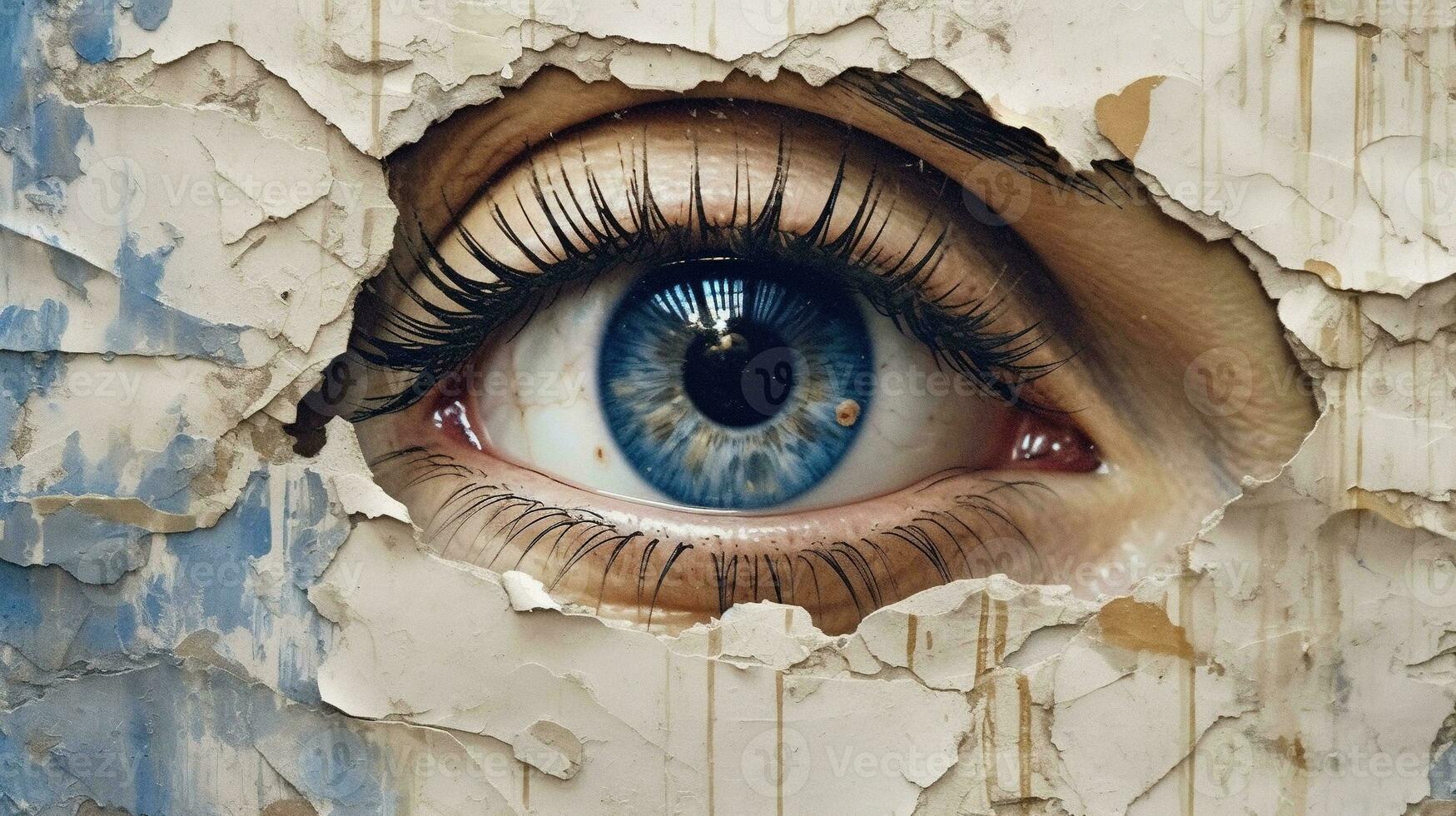 Generative AI, Woman eye looking through a torn hole in vintage paper, blue and beige colors mural. Painted hyperrealistic female art. photo