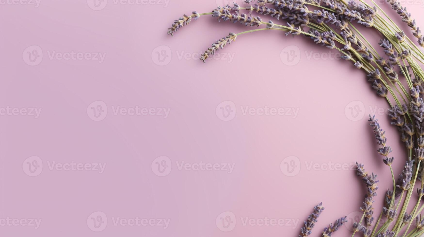 Generative AI, wreath of lavender branches flowers with copy space, natural organic floral frame violet background photo