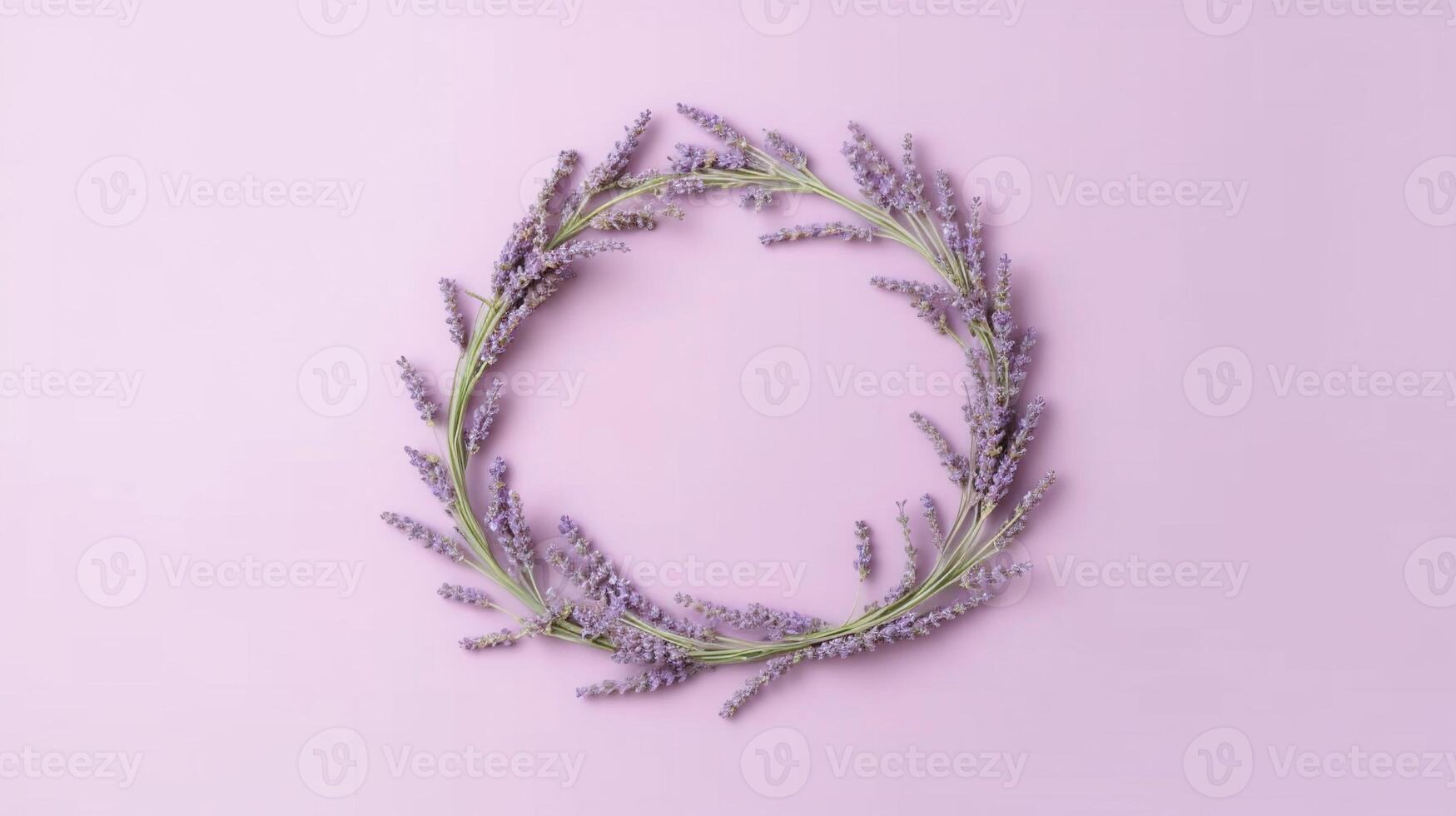 Generative AI, wreath of lavender branches flowers with copy space, natural organic floral frame violet background photo