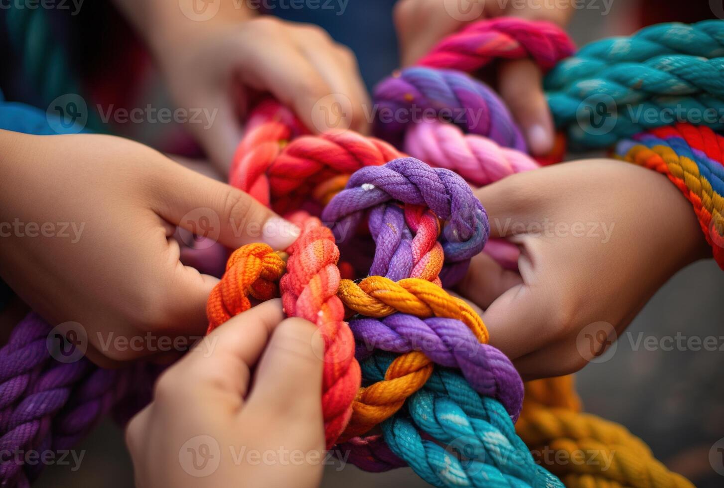 , peoples hands working together to untangle a knotted rope. Business teamwork. photo