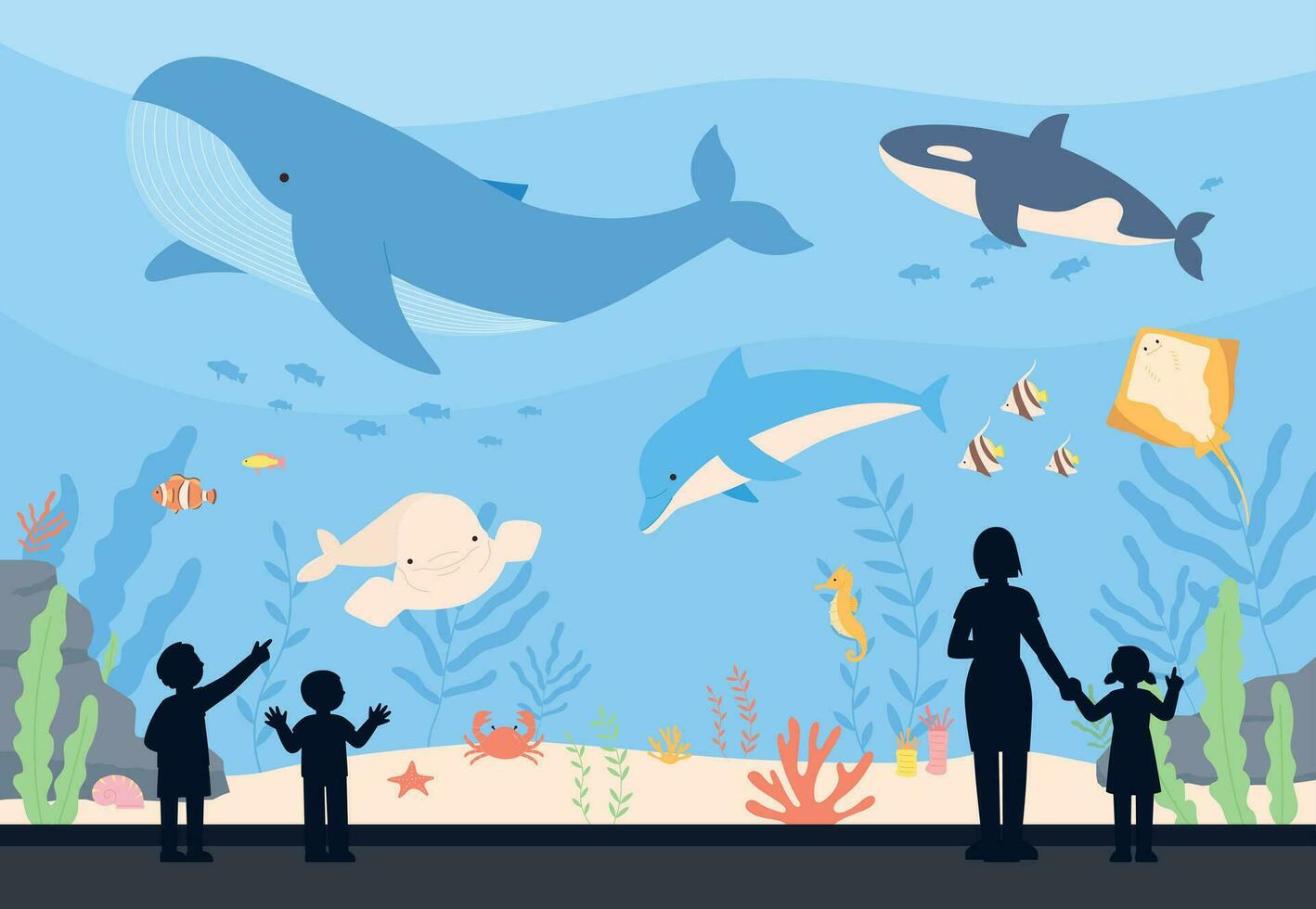 Various creatures live in the aquarium, and people are watching. flat vector illustration.