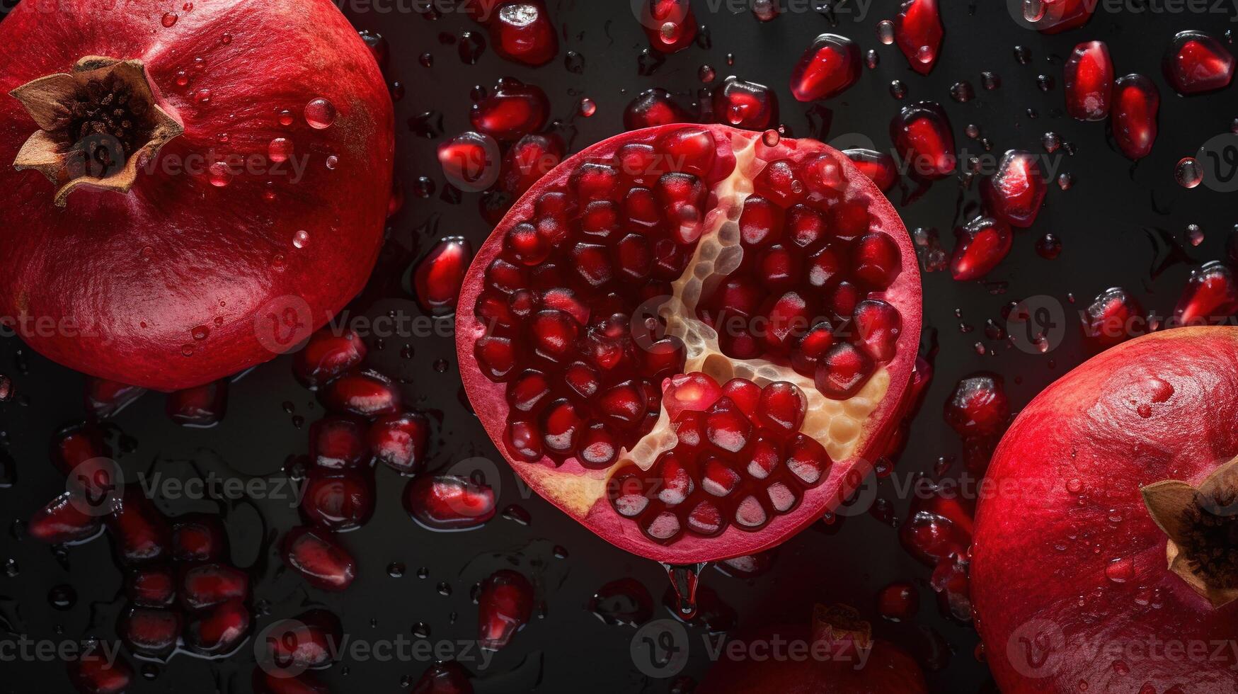 , Macro Fresh Juicy half and whole of pomegranate fruit background as pattern. Closeup photo with drops of water