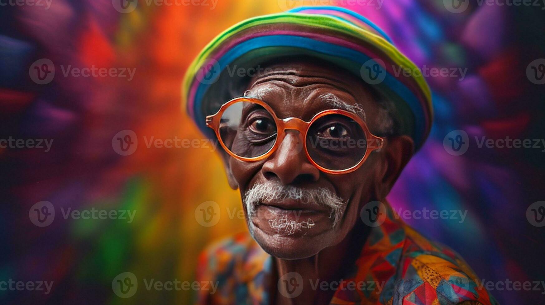 Generative AI, African American funny happy old retirement man closeup portrait, wearing glasses and modern fashionable clothes photo