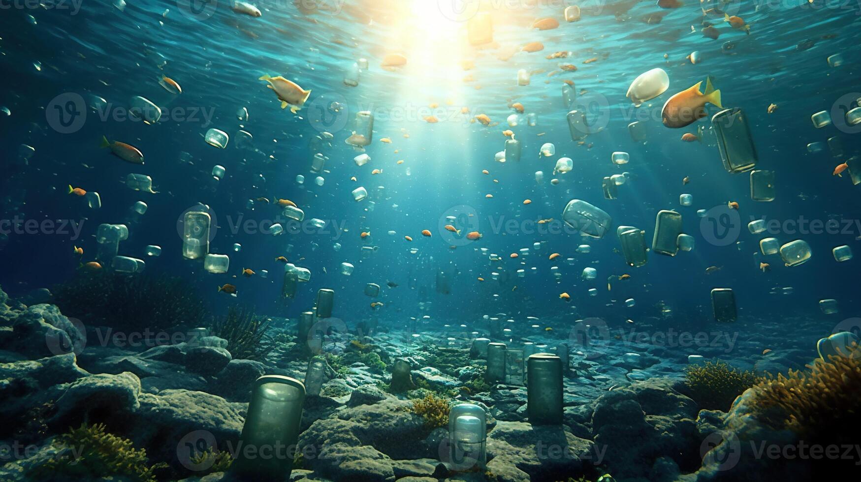 Generative AI, Plastic carrier bags, bottles and other garbage pollution in ocean. Environment concept photo