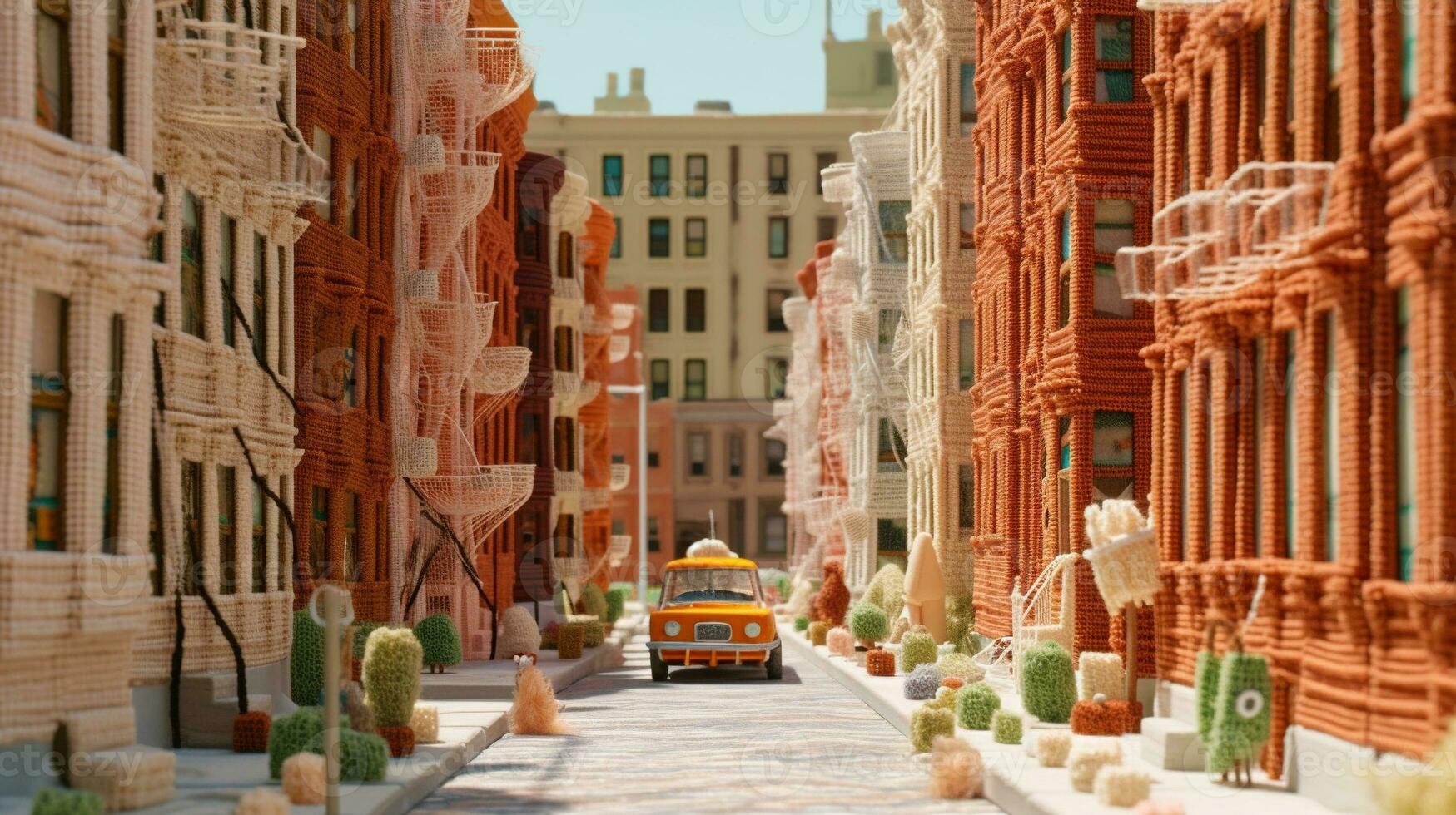 Generative AI, cute street made of crochet, houses, trees, road, cars. Soft colors, dreamy scene cityscape made of crochet materials, wool, fabric, yarn, sewing for background photo