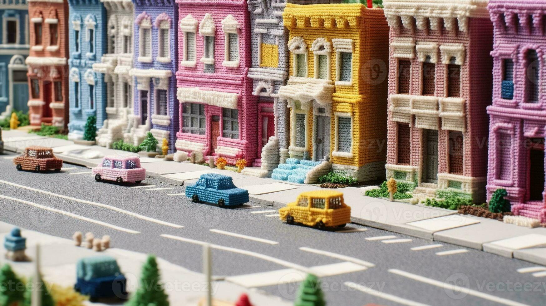 Generative AI, cute street made of crochet, houses, trees, road, cars. Soft colors, dreamy scene cityscape made of crochet materials, wool, fabric, yarn, sewing for background photo