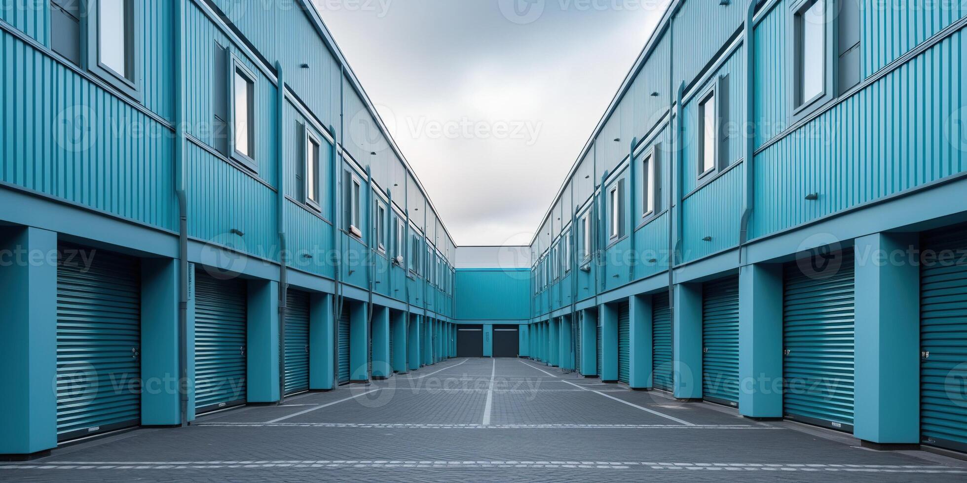 Generative AI, Mini colorful metal self storage facilities rental units, warehouse exterior, industry garage building. photo