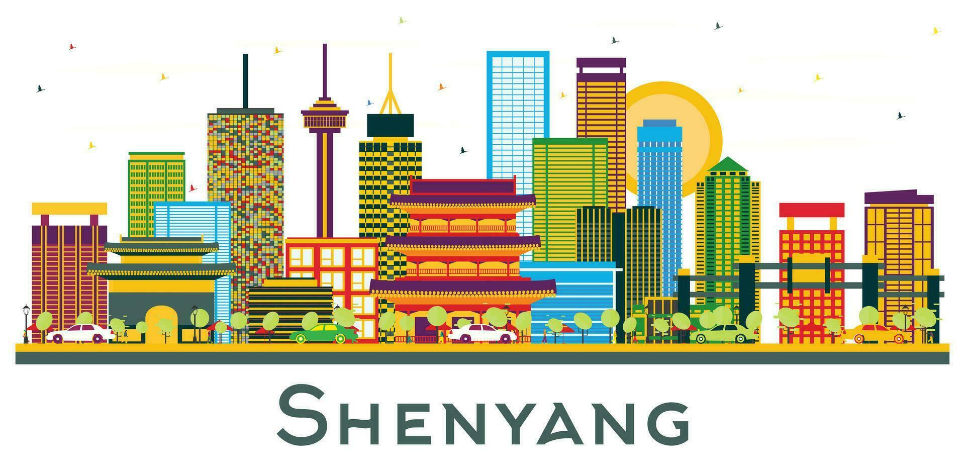 Shenyang China city skyline with Color Buildings isolated on white. Shenyang cityscape with landmarks. vector