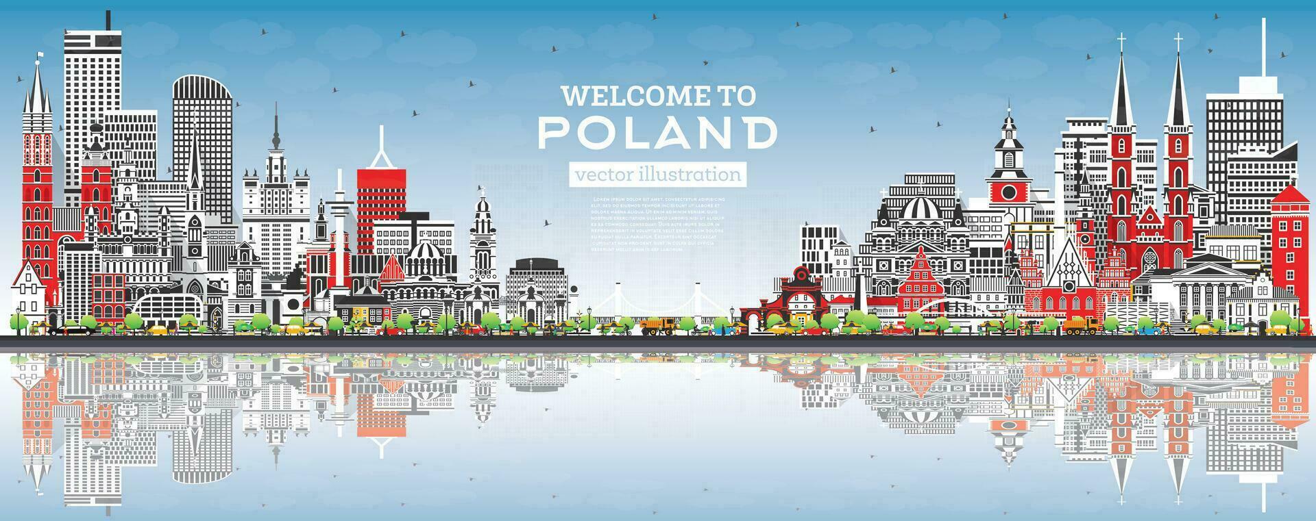 Poland City Skyline with Gray Buildings, Blue Sky and Reflections. vector