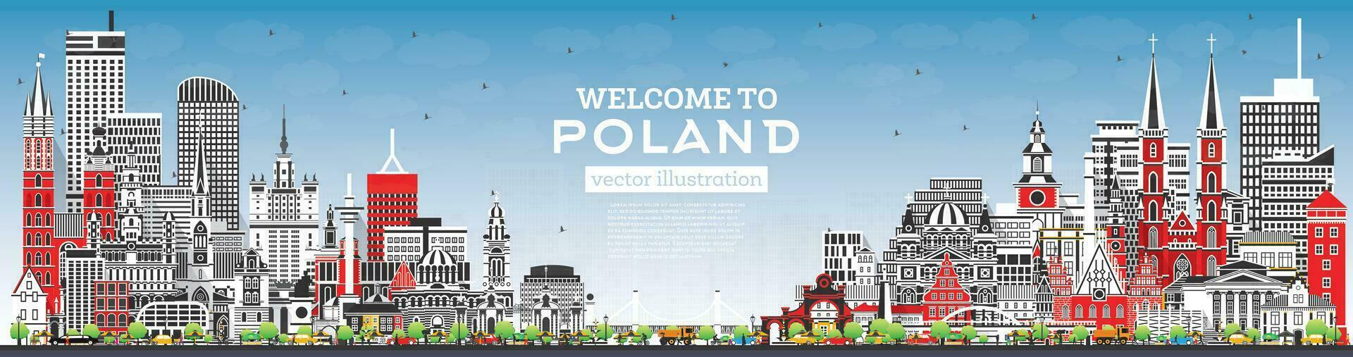 Poland City Skyline with Gray Buildings and Blue Sky. Vector Illustration. Concept with Modern Architecture. Poland Cityscape with Landmarks.