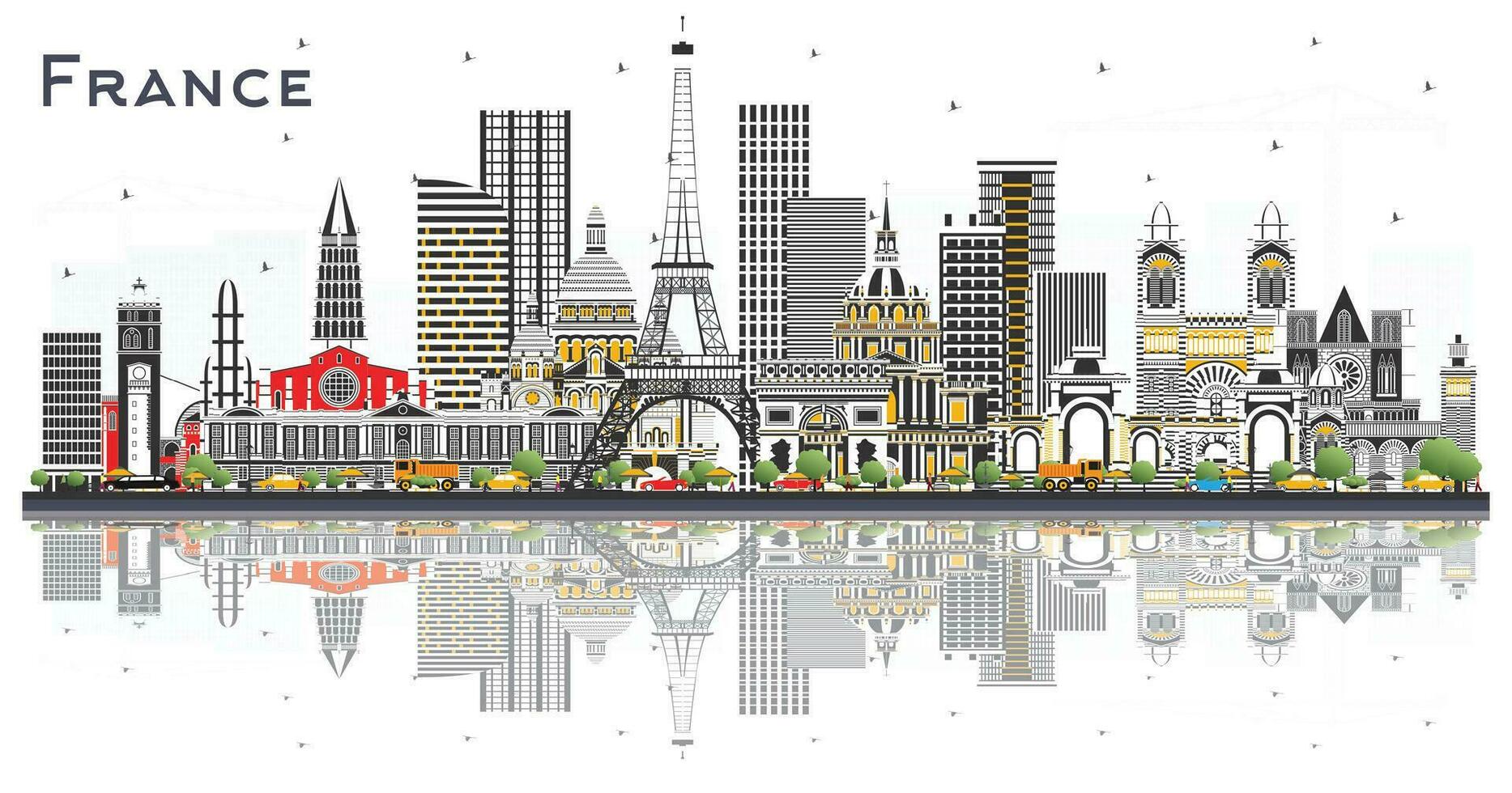 France Skyline with Gray Buildings and Reflections Isolated on White. vector