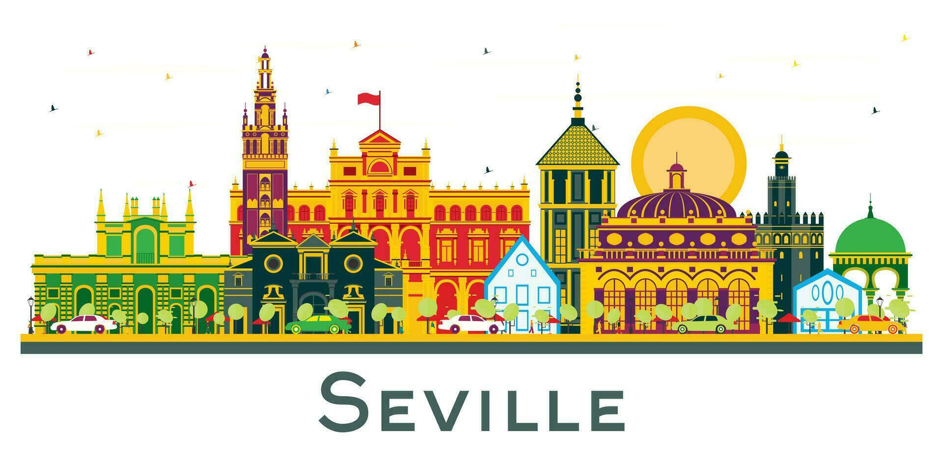 Seville Spain City Skyline with Color Buildings Isolated on White. vector