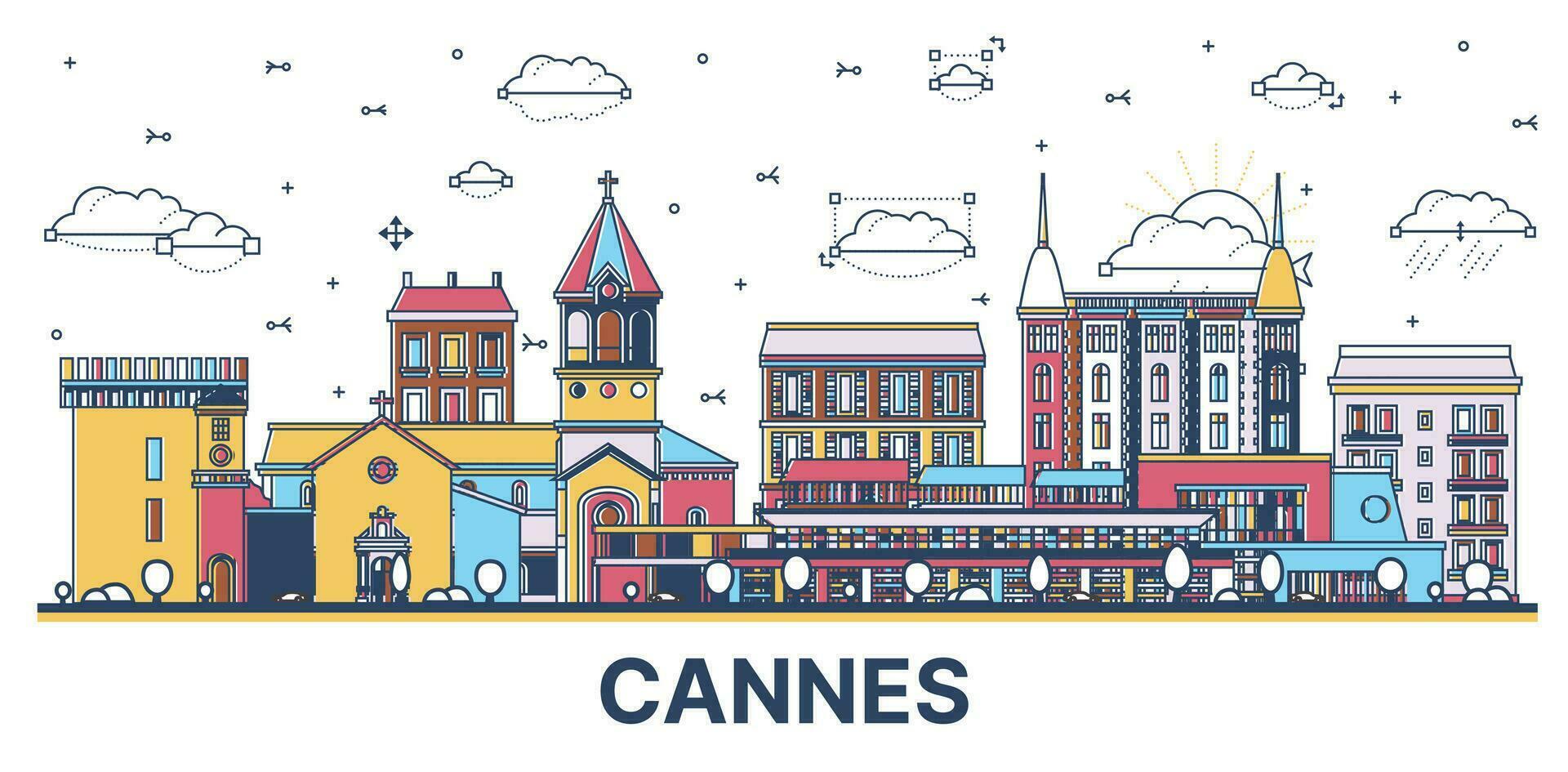 contorno cannes Francia ciudad horizonte con de colores moderno y histórico edificios aislado en blanco. vector