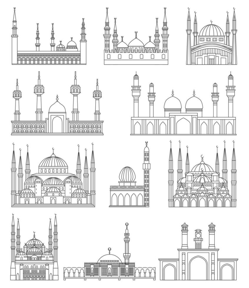 Set of islamic mosques. Outline buildings. Religious symbols. vector