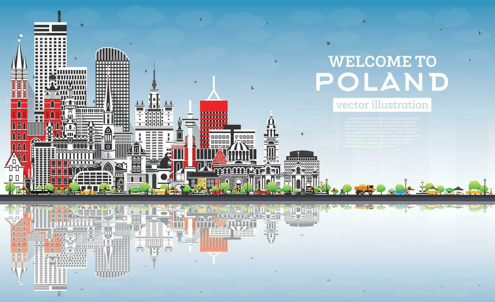 Poland City Skyline with Gray Buildings, Blue Sky and Reflections. vector