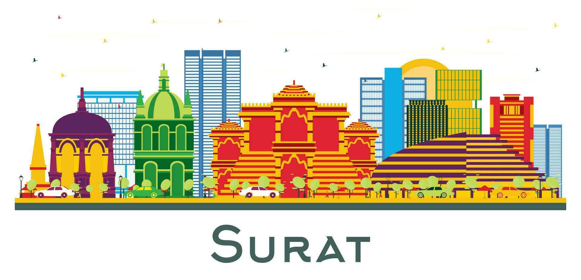Surat India city Skyline with Color Buildings isolated on white. Surat cityscape with landmarks. vector