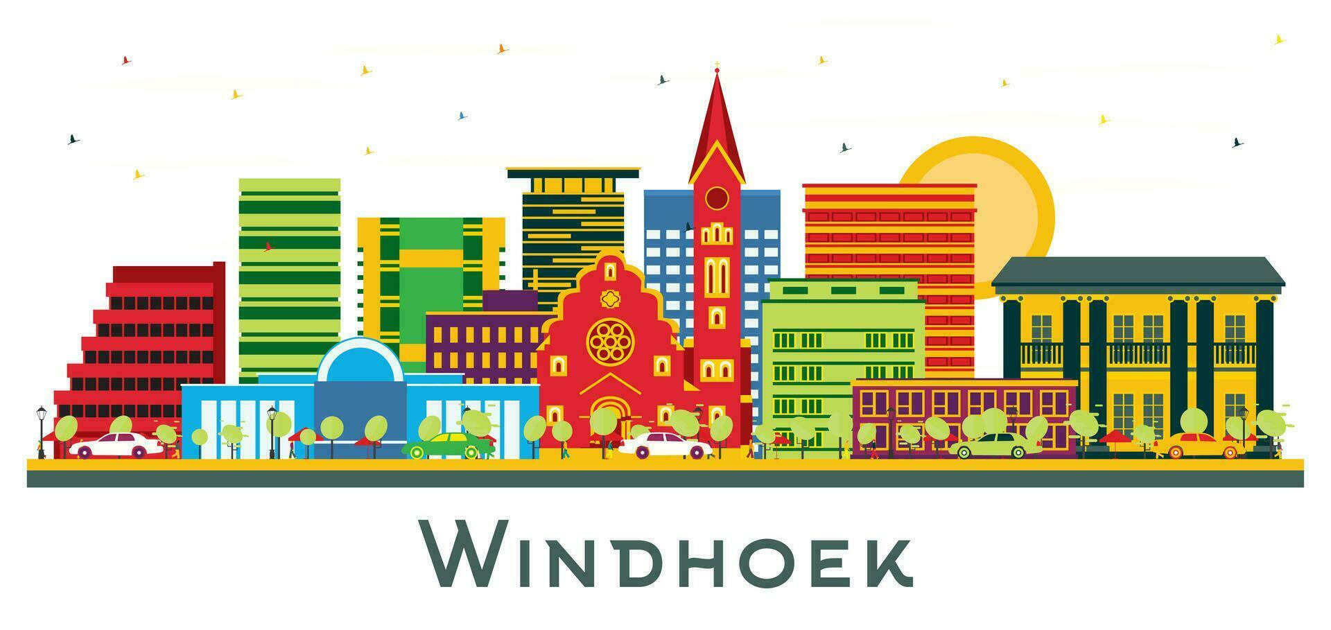 Windhoek Namibia city Skyline with Color Buildings isolated on white. Windhoek cityscape with landmarks. vector