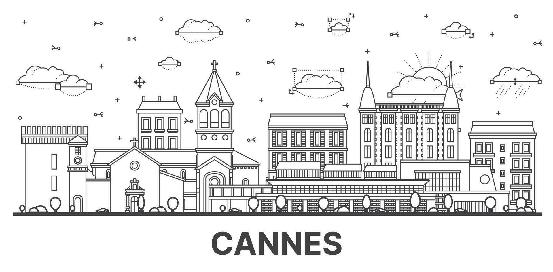 contorno cannes Francia ciudad horizonte con moderno y histórico edificios aislado en blanco. cannes paisaje urbano con puntos de referencia vector