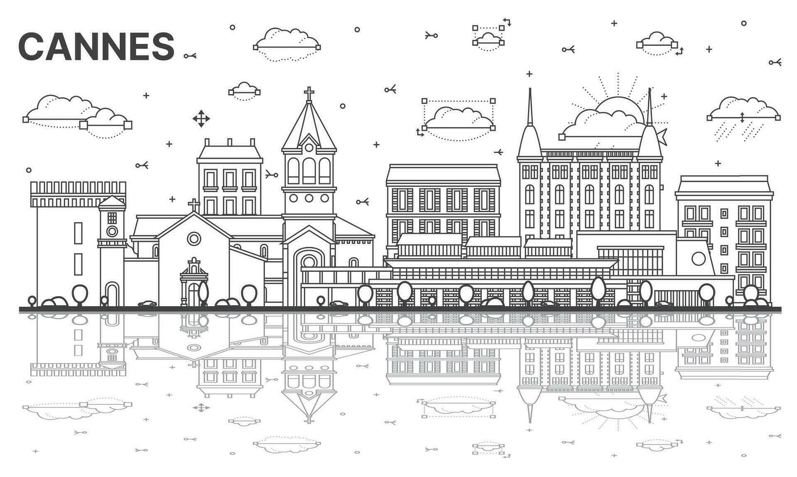 Outline Cannes France City Skyline with Modern Buildings and Reflections Isolated on White. Cannes Cityscape with Landmarks. vector