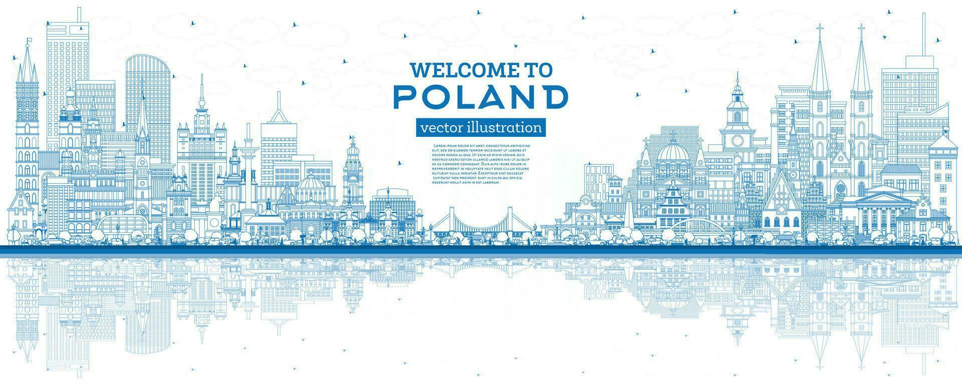 Outline Poland City Skyline with Blue Buildings and Reflections. vector