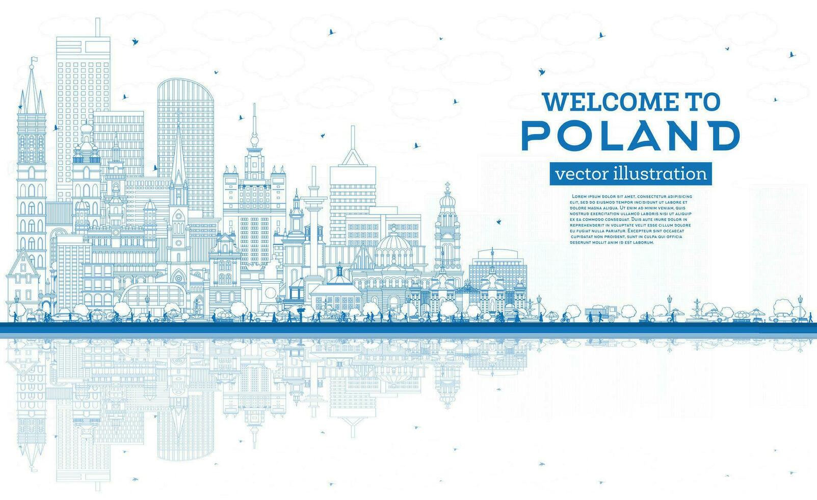 Outline Poland City Skyline with Blue Buildings and Reflections. vector