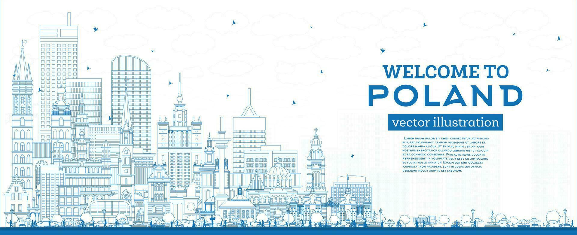 Outline Poland City Skyline with Blue Buildings. Vector Illustration. Concept with Modern Architecture. Poland Cityscape with Landmarks.