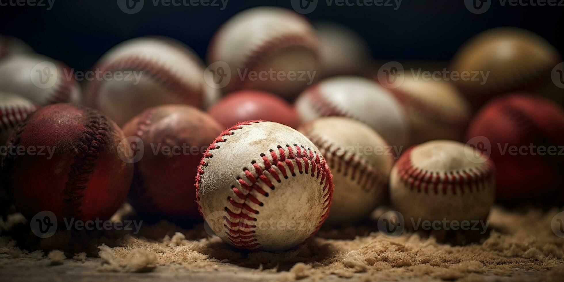 generativo ai, áspero y escabroso textura de antiguo béisbol pelotas cerca arriba en Clásico antecedentes foto