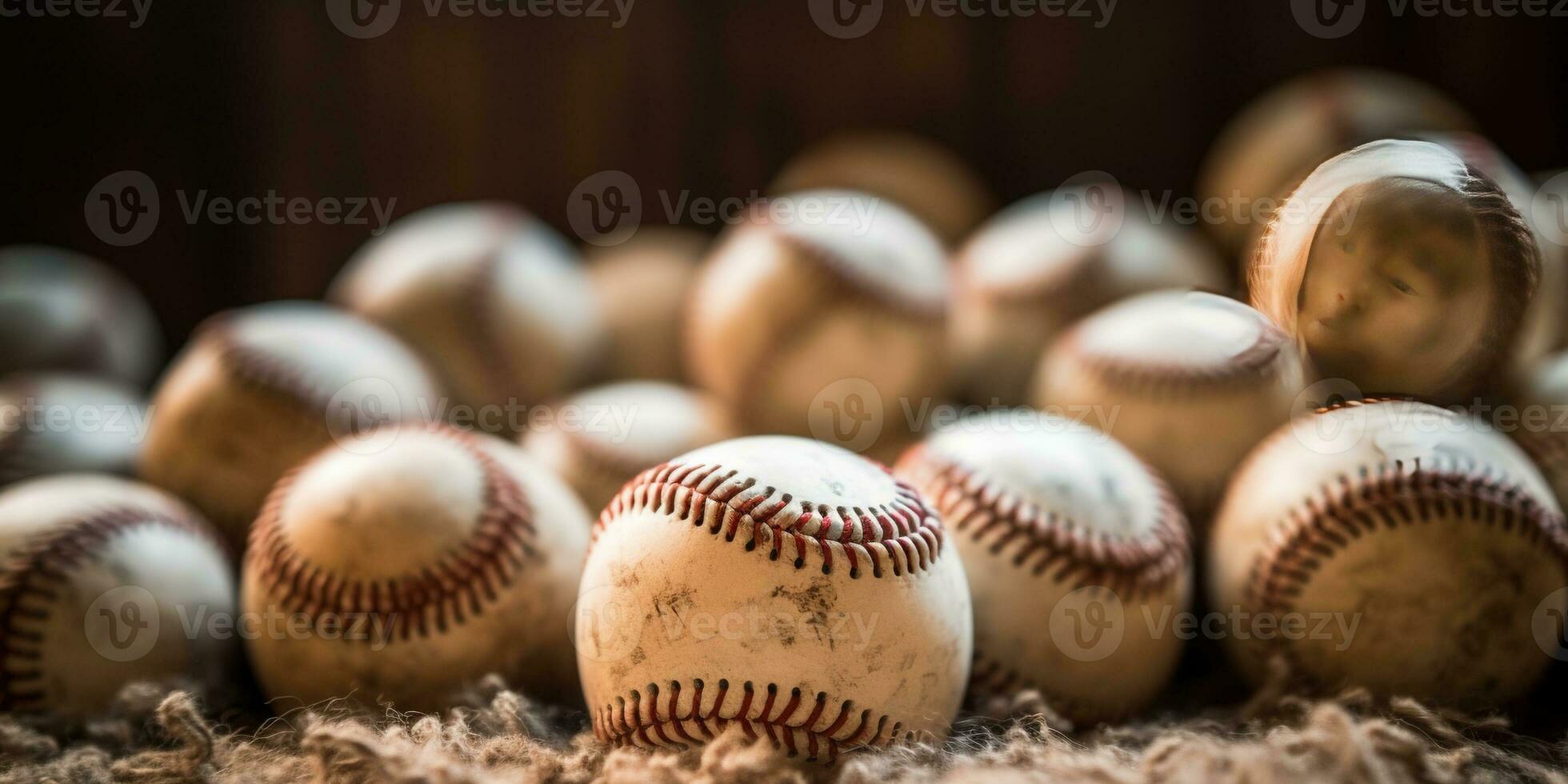 Generative AI, Rough and rugged texture of old baseball balls close up on vintage background photo