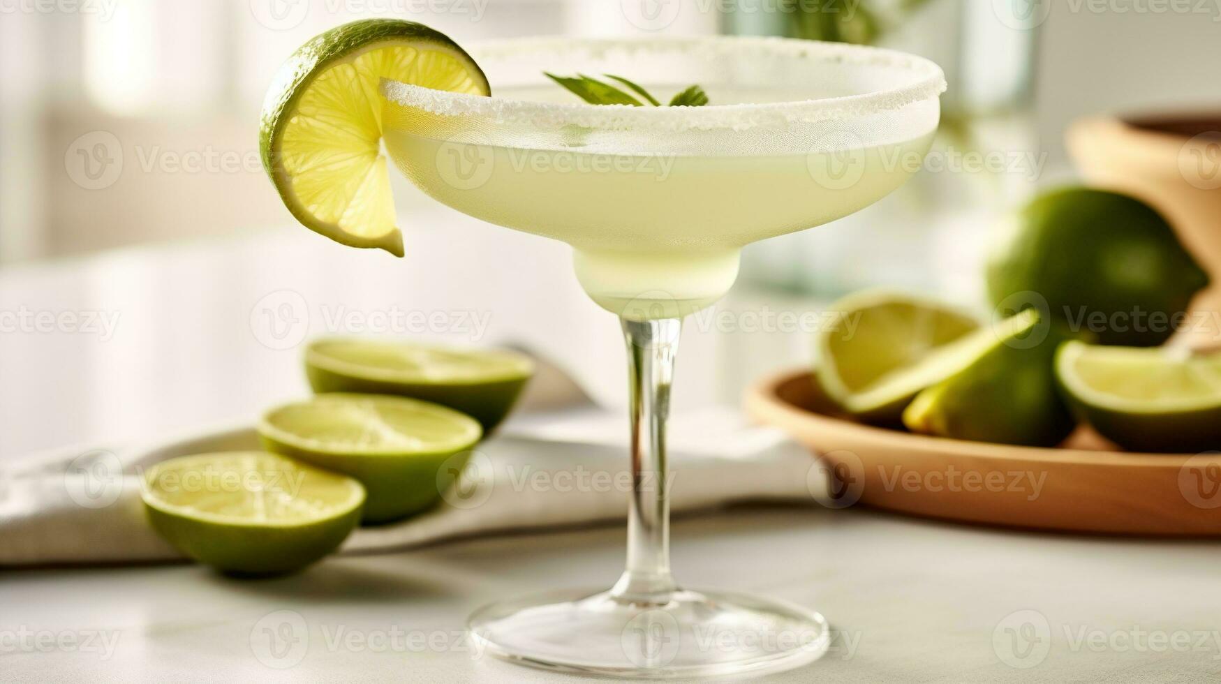 Generative AI, margarita cocktail on the table in the white kitchen with lime. Alcoholic drink photo