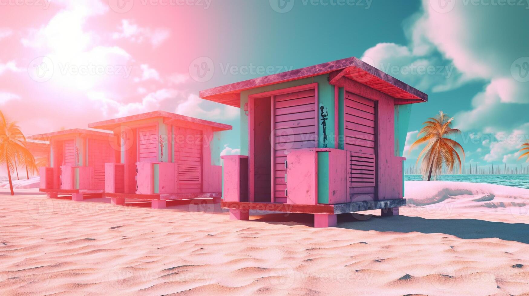 generativo ai, Miami verano vibraciones retro ilustración. Clásico rosado y azul colores, edificios, California palmas, Años 80 estilo foto