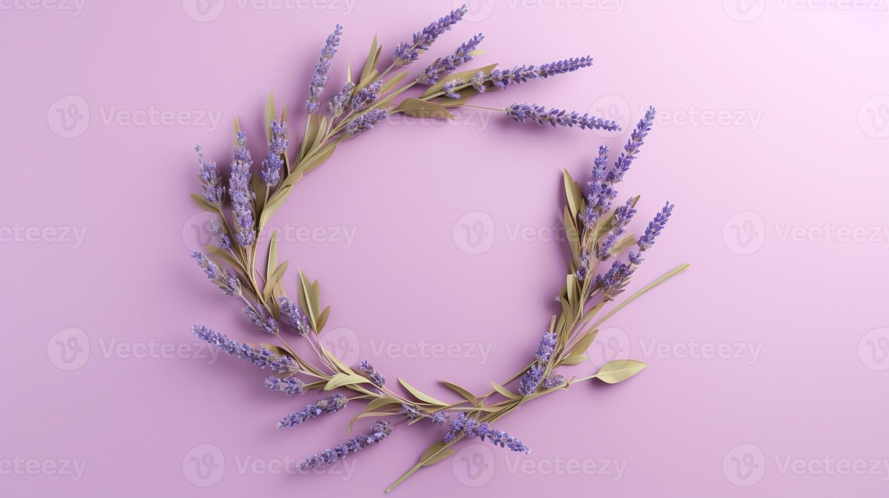 Generative AI, wreath of lavender branches flowers with copy space, natural organic floral frame violet background photo