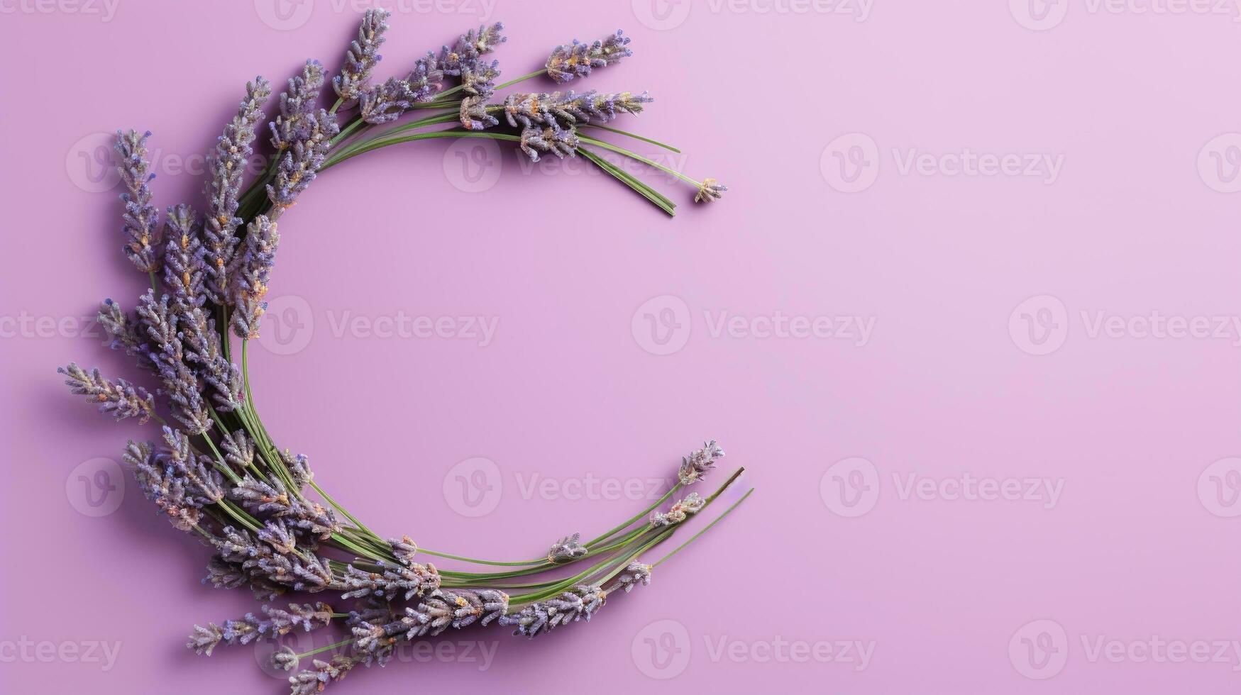 Generative AI, wreath of lavender branches flowers with copy space, natural organic floral frame violet background photo