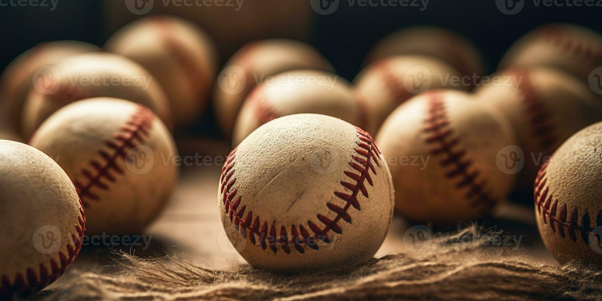 Generative AI, Rough and rugged texture of old baseball balls close up on vintage background photo