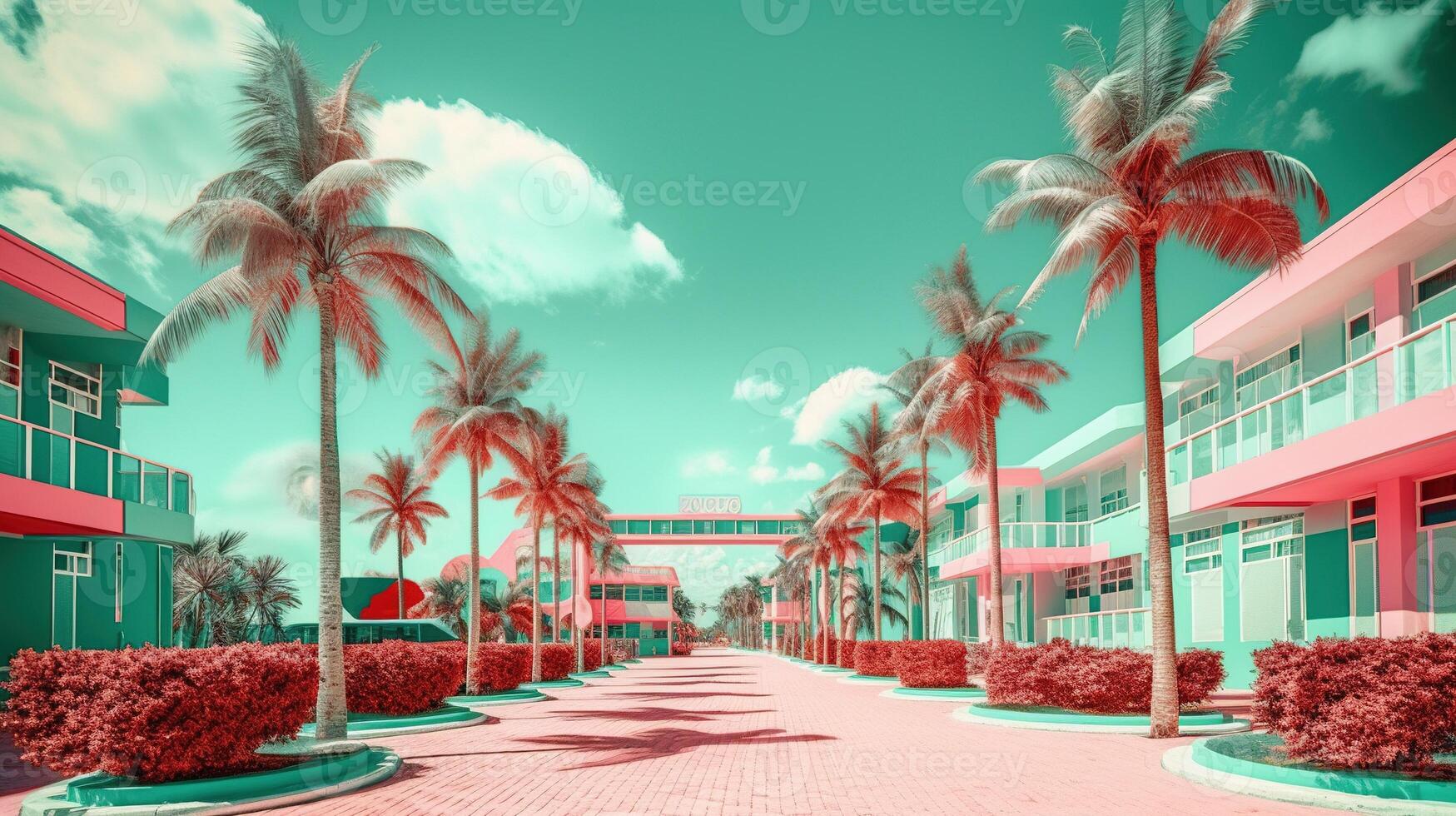 , Miami Summer Vibes retro illustration. Vintage pink and blue colors, buildings, California palms, 80s style photo