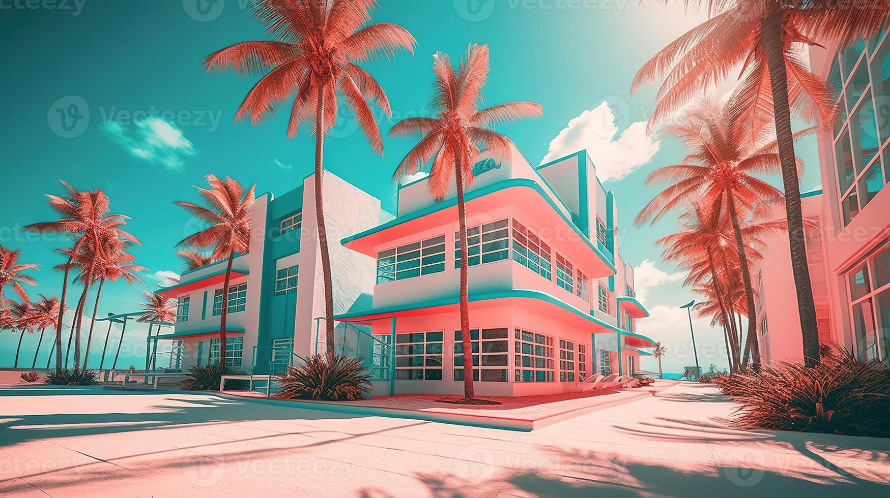 , Miami Summer Vibes retro illustration. Vintage pink and blue colors, buildings, California palms, 80s style photo