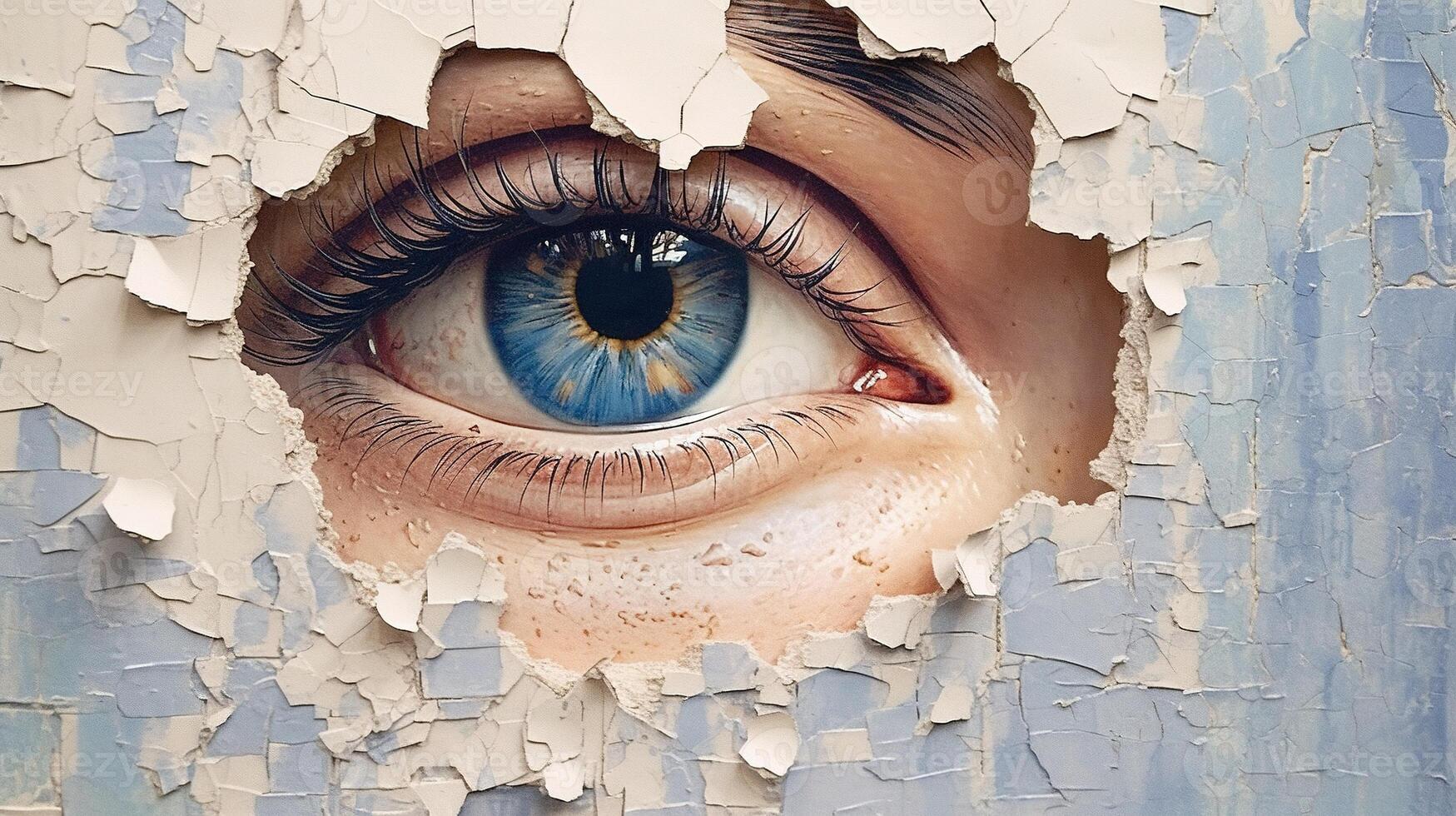 Generative AI, Woman eye looking through a torn hole in vintage paper, blue and beige colors mural. Painted hyperrealistic female art. photo