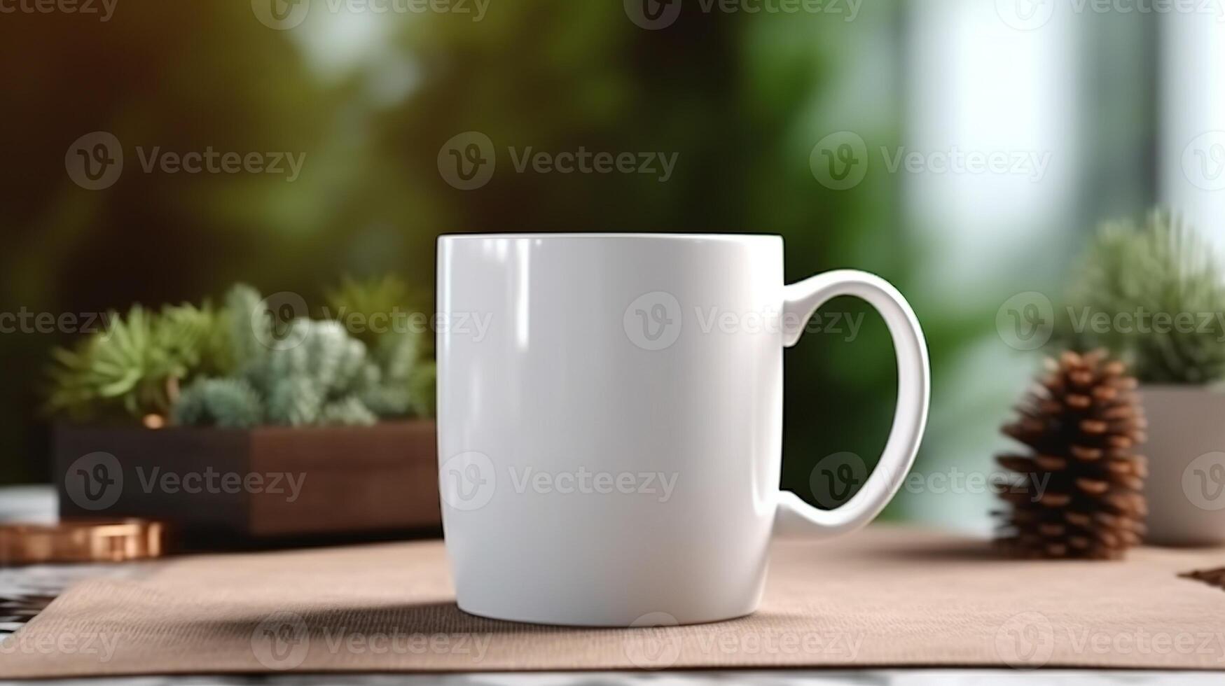 Generative AI, White ceramic cup set-up in at home interior, mug mock up blank.. photo