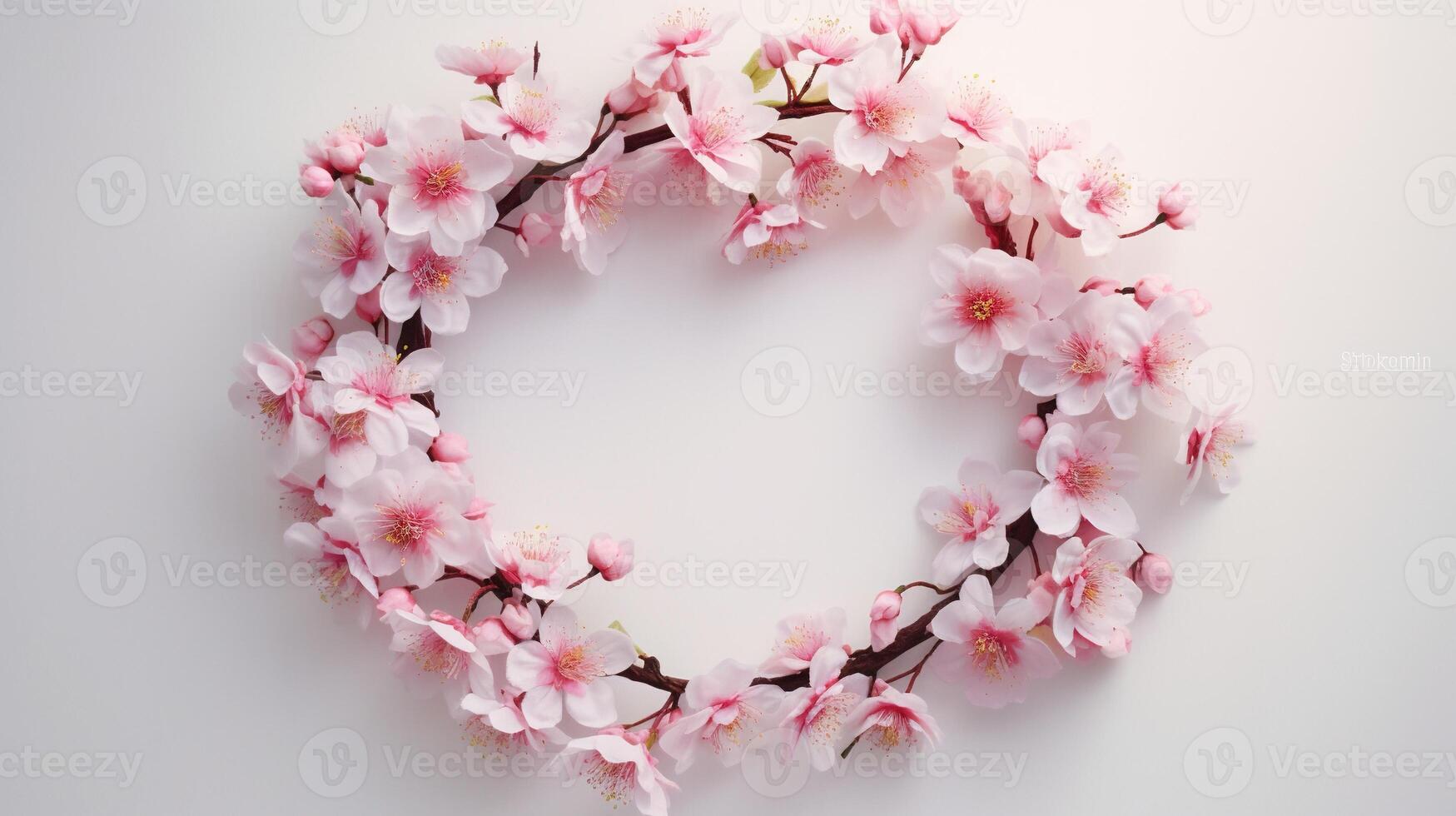 Generative AI, wreath of little light pink cherry sakura flowers with copy space, natural organic floral frame photo