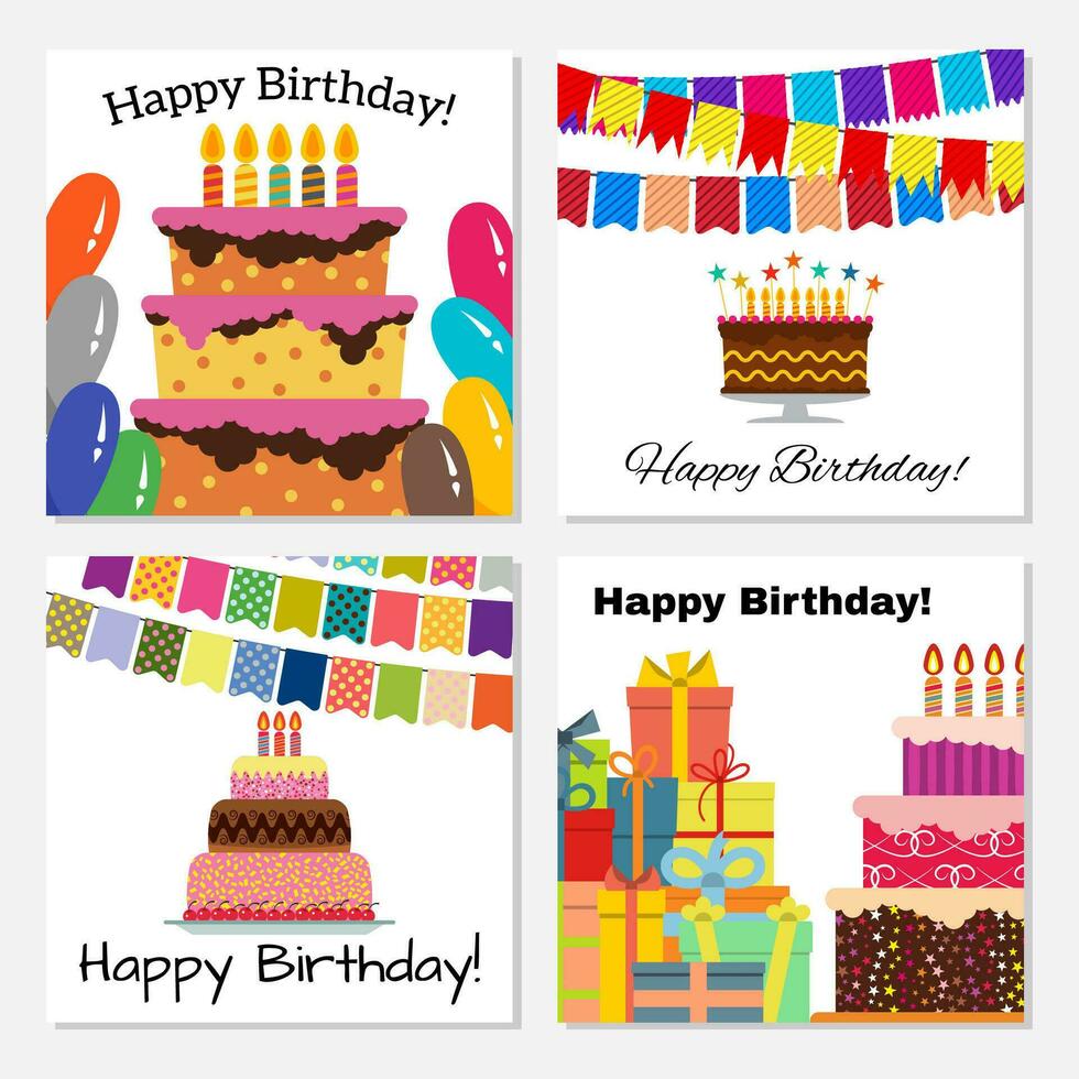 conjunto de cuatro saludo tarjetas con dulce pastel para cumpleaños celebracion. vector ilustración