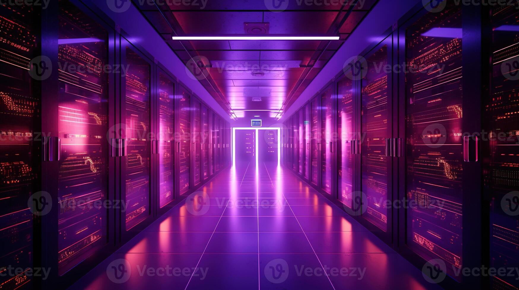 Generative AI, Data Center, modern high technology server room in purple neon colors. Modern telecommunications, cloud computing, artificial intelligence, database. photo