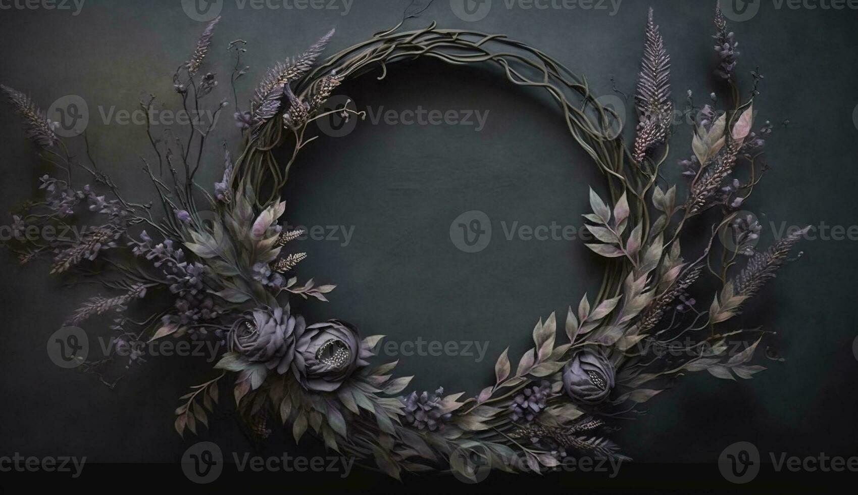 Generative AI, Close up of blooming flowerbeds of amazing lavender purple flowers wreath on dark moody floral textured background, copy space. photo