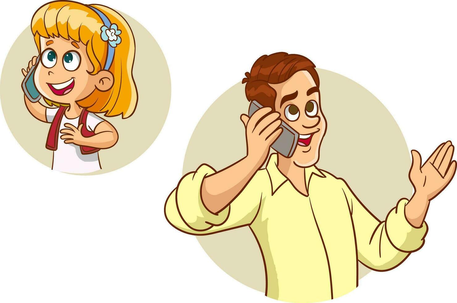 vector illustrations of  kids and father talking on the phone