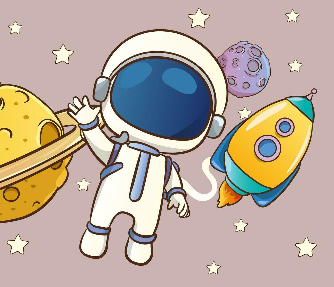 Vector illustration of a cute astronaut in outer space and planets and stars in the background.