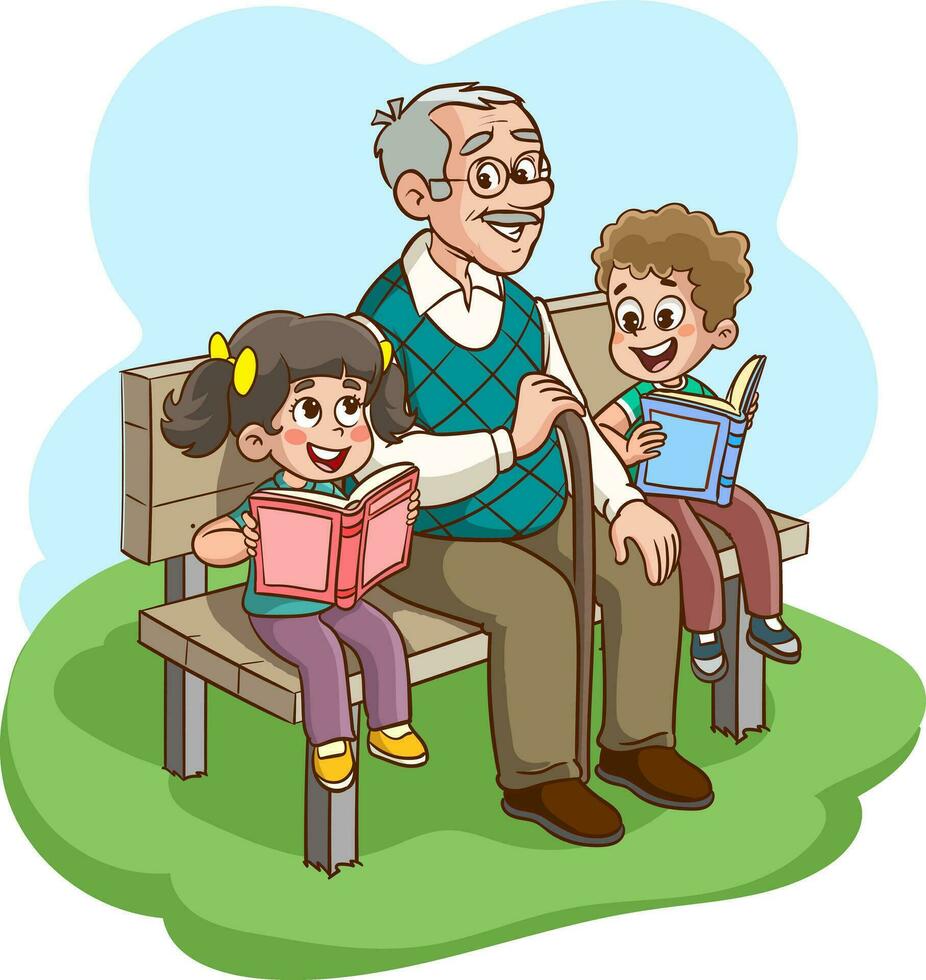 children reading a book sitting on the bench with his grandfather vector