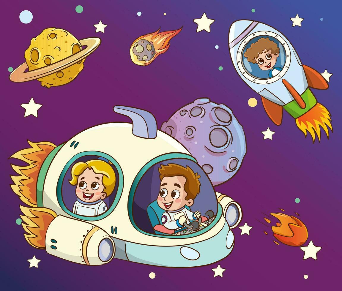 Conquest of space. Space elements. Planet earth, sun and galaxy, spaceship and star, moon and small kids astronaut, vector illustration.