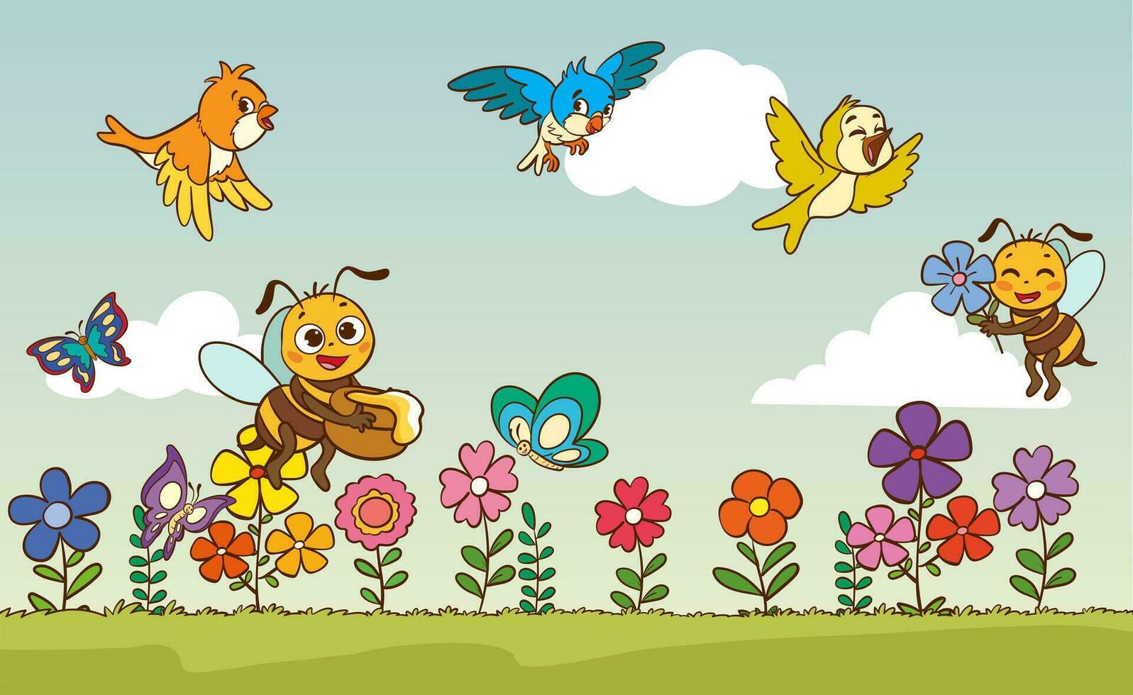 cute happy bird bee buterfly.butterfly bee and birds in nature landscape vector