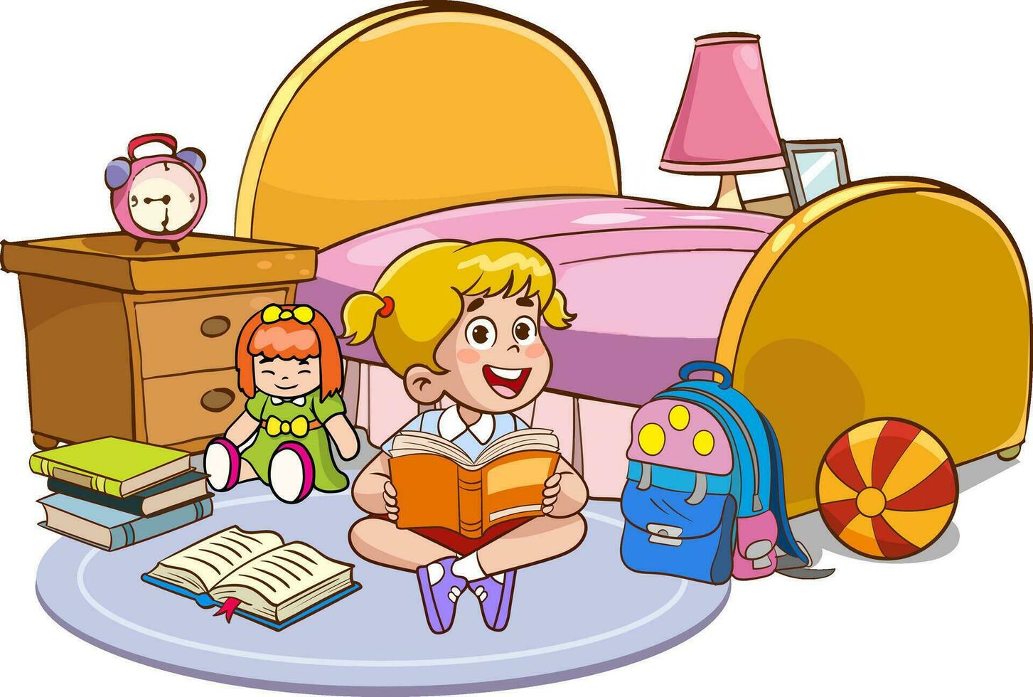 vector illustrations of cartoon cute kids reading a book in his room